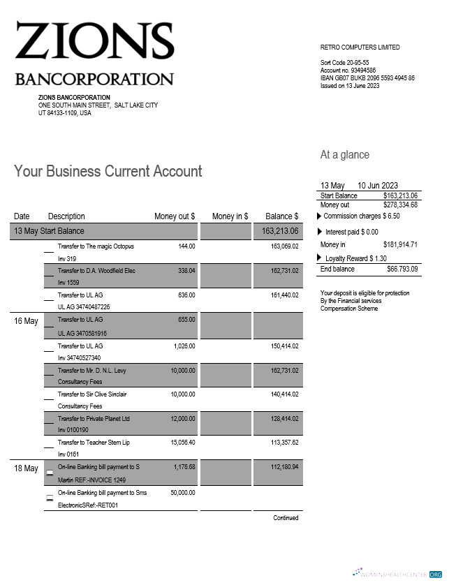 Zions Bancorporation Bank business checking account statement Word and PDF template